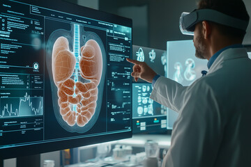 A doctor wearing a VR headset points at a 3D scan of a human digestive system on a screen..