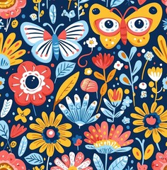 Fototapeta premium Colorful butterfly and floral pattern with wide-eyed butterflies and cheerful flowers on a blue background Generative AI