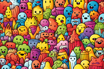 Naklejka premium A seamless pattern of cute colorful cartoon characters with happy faces.