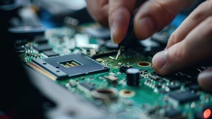 Obraz premium Close-up of Hands Working on a Circuit Board