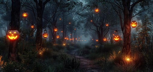 Spooky Halloween forest with illuminated jack-o'-lanterns hanging from trees, creating an eerie atmosphere in the dark woods.