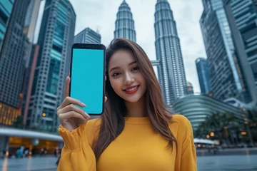 Smiling Woman Holding Phone with Kuala Lumpur Skyline: A happy young woman stands in front of the Kuala Lumpur skyline, holding a phone with a white screen, ready for your design or m