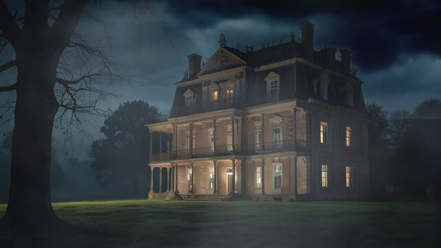 A large, old, and spooky mansion stands alone in the mist at night.