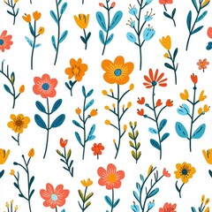 Simple floral pattern with colorful flowers and green leaves on a white background Generative AI