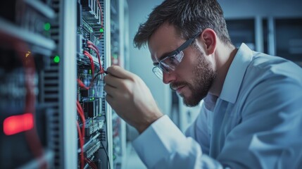 IT service technician troubleshooting a computer issue in a modern office.