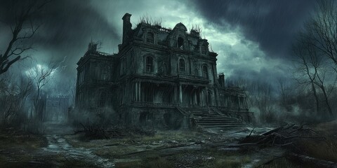 Haunted mansion in a dark forest during a storm.