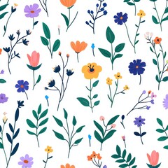 Vibrant floral pattern with colorful flowers and lush green leaves on a white background Generative AI