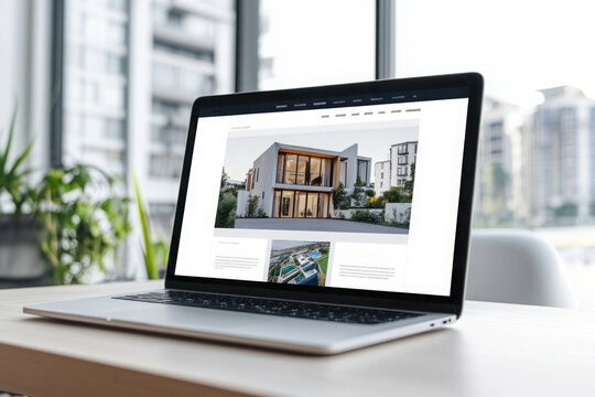 Laptop displaying a real estate website on a modern desk, with a cityscape visible through large windows in the background. Copy space