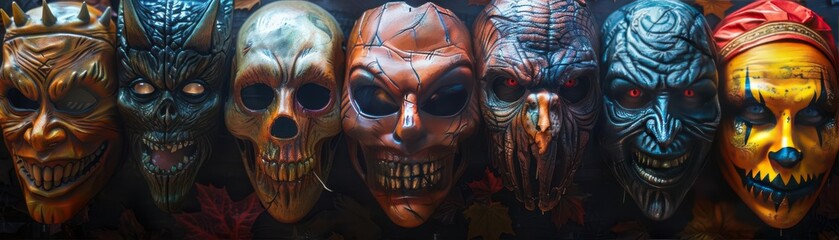 Naklejka premium A collection of seven scary Halloween masks representing various horror themes, perfect for spooky decorations or costume inspiration.
