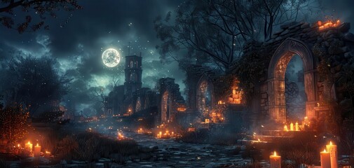 Mysterious night scene with ruins and glowing candles, under a full moon. The eerie atmosphere is both haunting and beautiful.