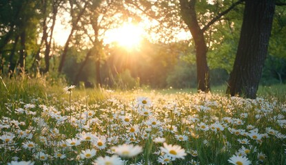 Obraz premium Sunlit Daisy Field at Sunrise Generative AI