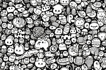Naklejka premium A seamless pattern with a black background and white doodle characters.