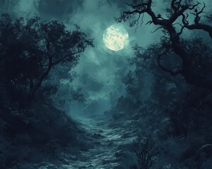 Fototapeta premium Halloween night safari through a haunted and creepy wilderness