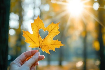 Yellow maple leaf with heart-shaped cutout held against sunlight Generative AI