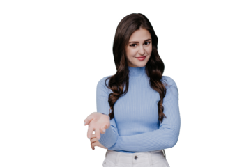 smiling young woman in a light blue turtleneck sweater, gesturing with her hand, standing against a transparent background