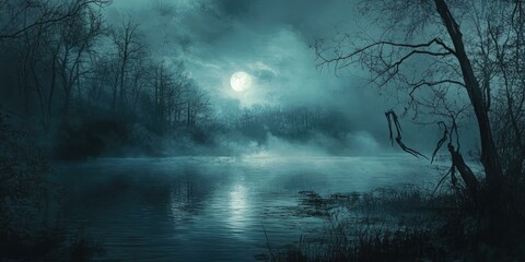 A misty, moonlit river with dark trees.