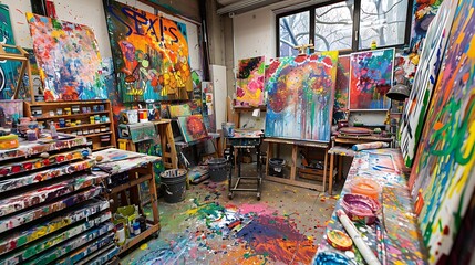 Fototapeta premium Artist's Haven: A vibrant and chaotic art studio filled with color and creativity. The space is a testament to the artist's passion and dedication, with paint splattered on the floor and walls, canvas