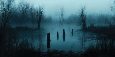 Foggy swamp with trees and tree stumps.