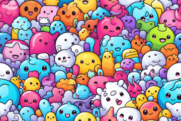 A seamless pattern with cute cartoon characters in various colors and shapes, all smiling happily.