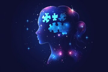 Obraz premium A conceptual digital illustration of a woman with puzzle pieces floating around her head representing identity thought and the complexity of the mind in a cosmic abstract style