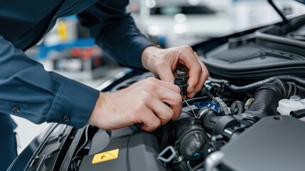 Obraz premium A close-up of a mechanic's hands working on a car engine, illustrating automotive repair and maintenance in a garage setting.