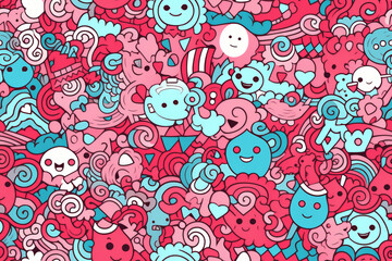 Naklejka premium A seamless pattern with cute doodle elements, in pink and blue color scheme.