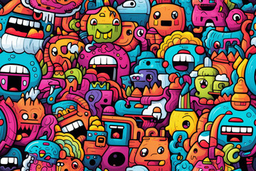 A vibrant and chaotic doodle pattern featuring a plethora of colorful, cartoonish creatures with various expressions and designs.
