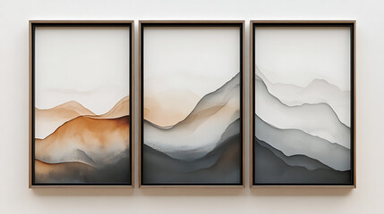 Triptych frames wavy lines painting mockup.