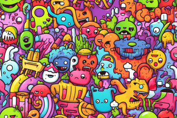 Naklejka premium A vibrant and chaotic seamless pattern featuring a multitude of colorful cartoon characters in various playful poses.
