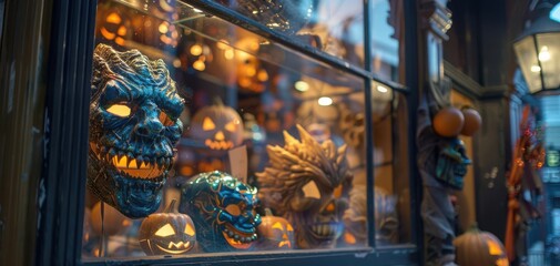 A festive Halloween display with various colorful and spooky masks and pumpkins in a shop window, lit with warm glowing lights.