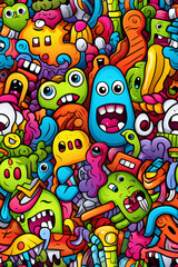 A vibrant and colorful background pattern filled with funny cartoon monsters, creatures, and doodles.