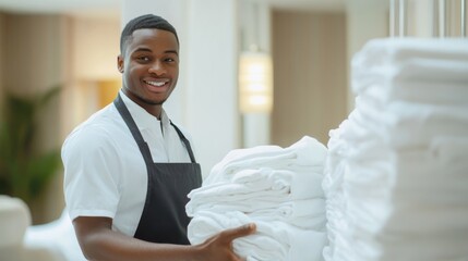 Obraz premium Laundry service worker preparing a delivery of folded linens to a hotel.