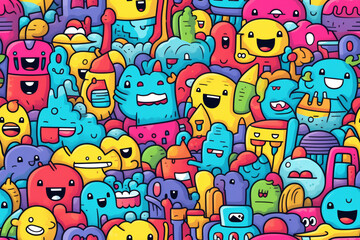 Fototapeta premium A vibrant and colorful doodle pattern featuring a variety of cute and whimsical characters, each with unique expressions and features.