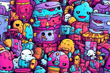 Fototapeta premium A vibrant and colorful doodle pattern featuring a variety of cute and whimsical characters, each with unique expressions and designs.