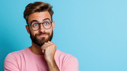 Close-up portrait of a bearded man in a pink shirt with glasses, displaying a quizzical and curious expression.