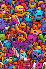 Fototapeta premium A vibrant and colorful doodle pattern featuring a variety of cute and playful characters.