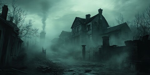 Foggy path leading to a spooky house.