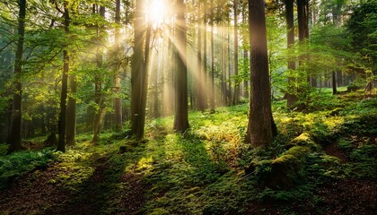 Obraz premium Beautiful rays of sunlight in a green forest