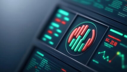 Financial data analysis, futuristic digital screens with metrics, 3D illustration