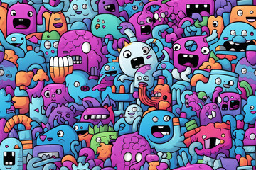 Fototapeta premium A vibrant and colorful pattern of cute cartoon monsters in various shapes and sizes.