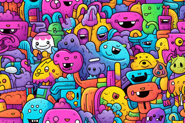 A vibrant and colorful pattern of playful cartoon monsters.