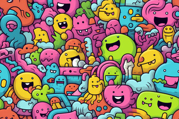 Fototapeta premium A vibrant and colorful seamless pattern featuring a variety of cute and quirky cartoon characters.