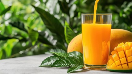Mango juice pouring from a fresh mango, tropical flavor concept, 3D illustration