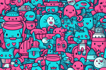A vibrant and playful doodle pattern featuring cute cartoon characters in pink and blue, perfect for a cheerful and whimsical design.
