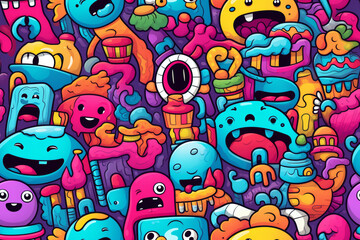 A vibrant and playful pattern featuring a variety of cartoon monsters and creatures in a doodle style.