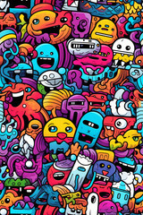 A vibrant and playful pattern filled with colorful, cartoon-style creatures and doodles, creating a fun and energetic design.