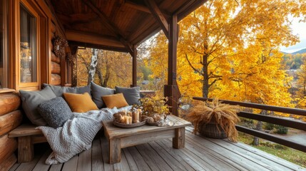 Naklejka premium A Cozy Autumn Retreat Featuring a Charming Wooden Porch That Is Surrounded by Vibrant Fall Foliage