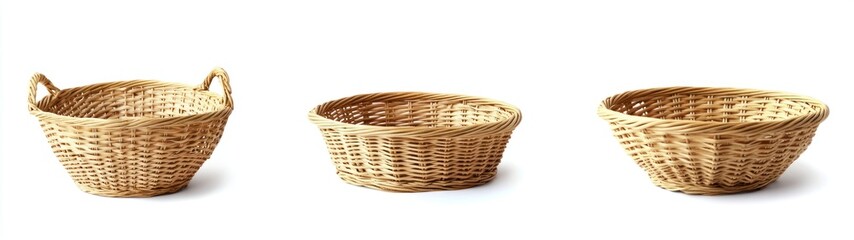 Three Empty Wicker Baskets on White Background