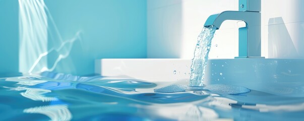 Splashing water from a chrome faucet in kitchen