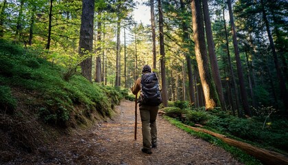 Fototapeta premium Holding a stick on a forest track, nature trail